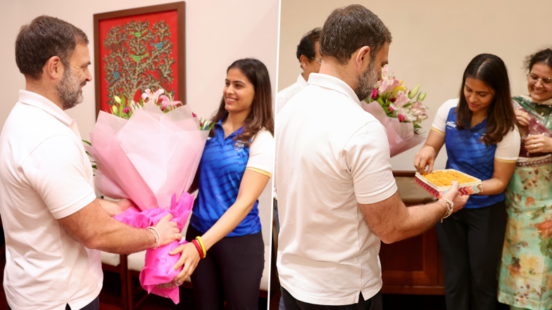 Manu Bhaker Meets Rahul Gandhi: ऑलिम्पिक पदक विजेती मनू भाकरने दिल्लीत घेतली राहुल गांधींची भेट, See Pic