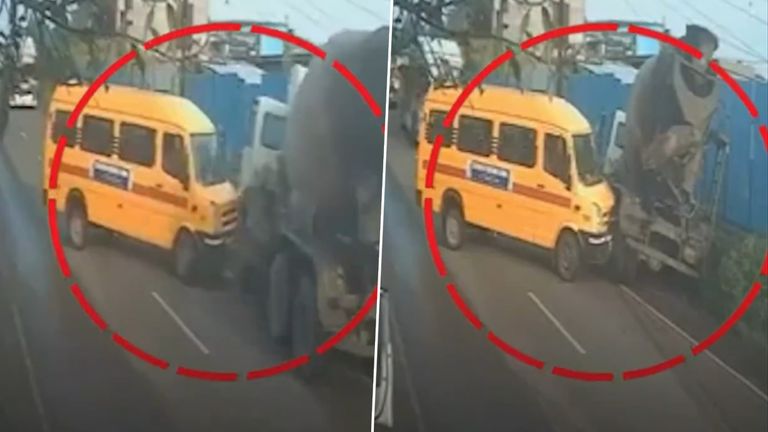 Pune Accident Video: वाघोली-लोहेगाव रोडवर सिमेंटच्या भरधाव वाहनाची स्कूल बसला धडक, पाहा व्हिडीओ