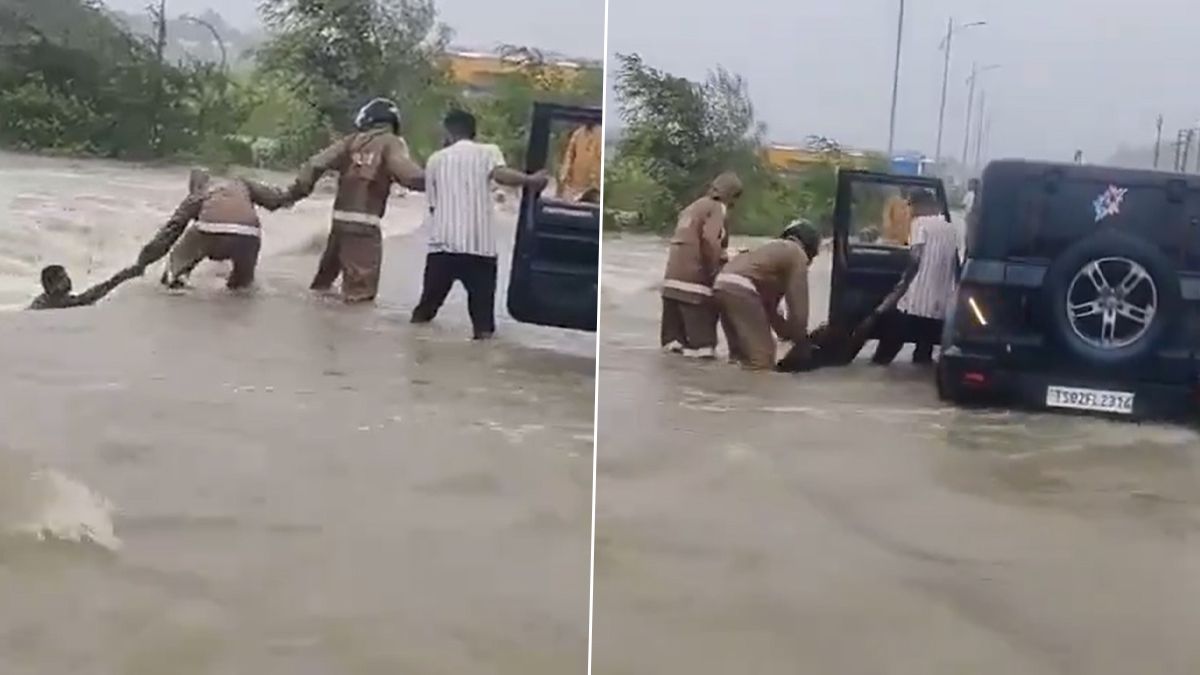 Telangana Floods: पुरात बुडाणाऱ्या माणसाला जीवदान, दोन धाडसी पोलिसांनी वाचवले तरुणाचे प्राण (Watch Video)