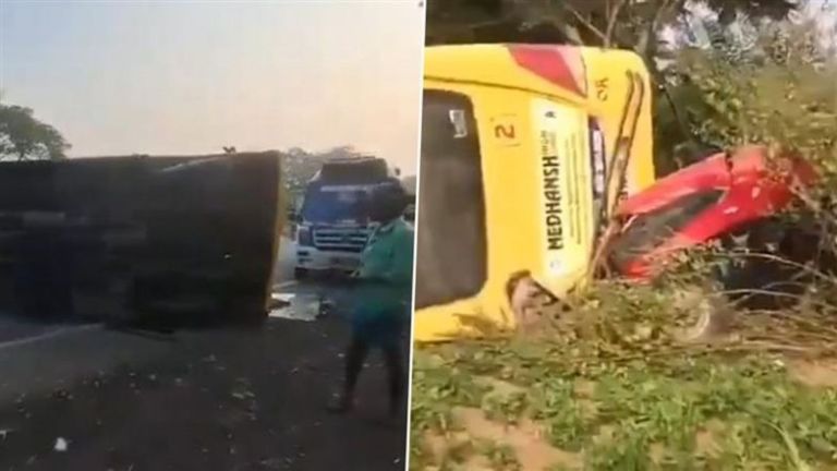 Telangana Road Accident: तेलंगणामध्ये नगरकुर्नूल इथं ट्रॅक्टरला धडकल्यानंतर स्कूल बस उलटली; 5 विद्यार्थी जखमी (Watch Videos)