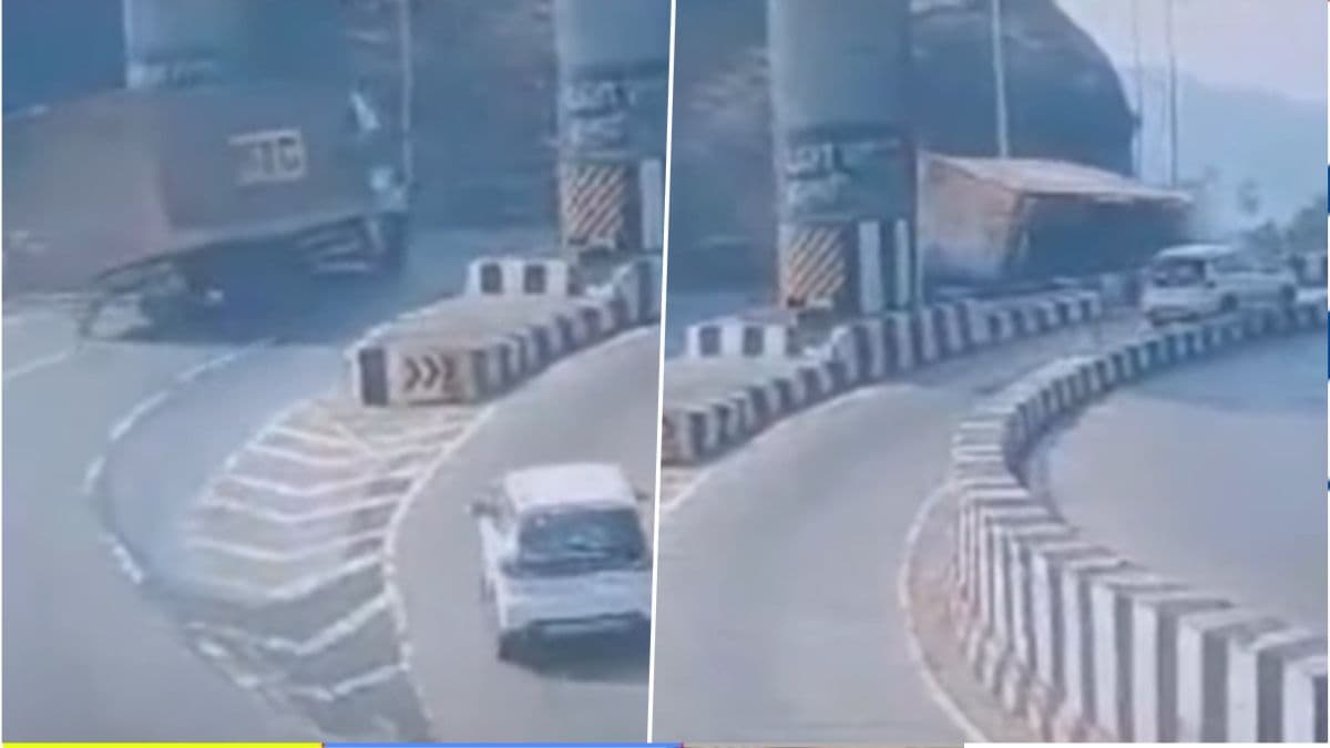 Container Overturned On Mumbai-Pune Highway: मुंबई पुणे महामार्गावर भरधाव वेगाने जाणारा कंटेनर उलटला; पहा अपघाताचा धक्कादायक व्हिडिओ