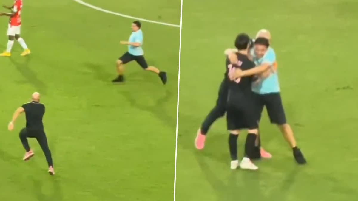 Fan Hugs Lionel Messi: लिओनेल मेस्सीला भेटण्यासाठी चाहता पोहचला मैदानात; स्पोर्टिंग सॅन मिगुएलिटो विरुद्ध इंटर मियामी क्लब फ्रेंडली मॅच दरम्यानची घटना (Watch Video)