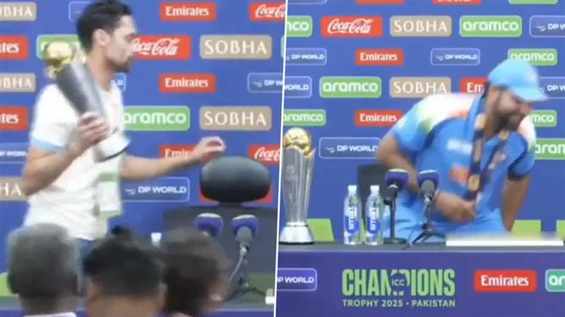 Rohit Sharma Forgets ICC Champions Trophy: बापरे! रोहित शर्मा चॅम्पियन्स ट्रॉफीसुद्धा विसरला; पत्रकार परिषदेनंतर ट्रॉफी टेबलावरच विसरला (Video)