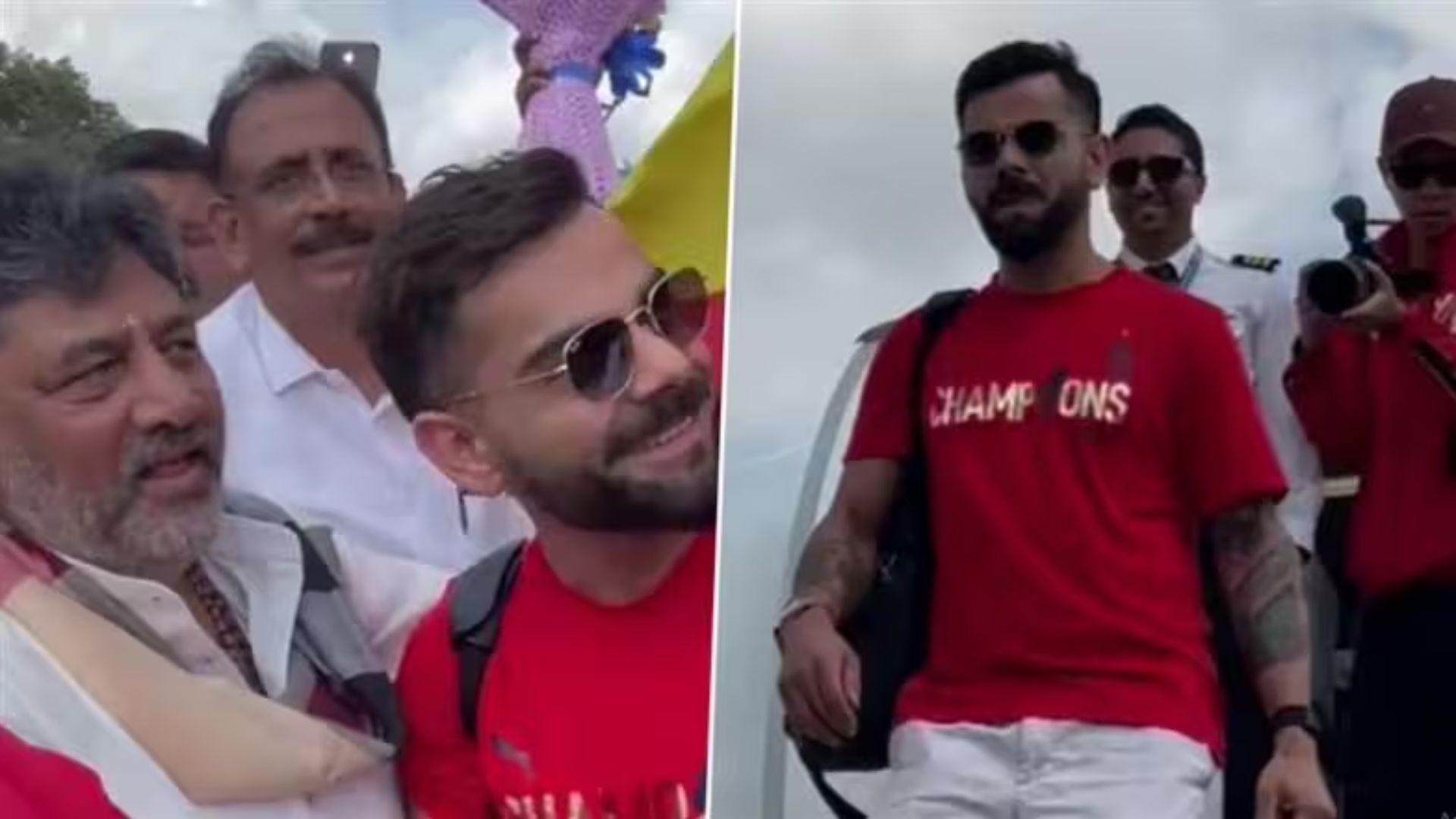 RCB Players at Bengaluru Airport: बेंगळुरू विमानतळावर आरसीबी खेळाडूंचे जोरदार स्वागत; कर्नाटकचे उपमुख्यमंत्री डीके शिवकुमार स्वत: उपस्थित (Video)