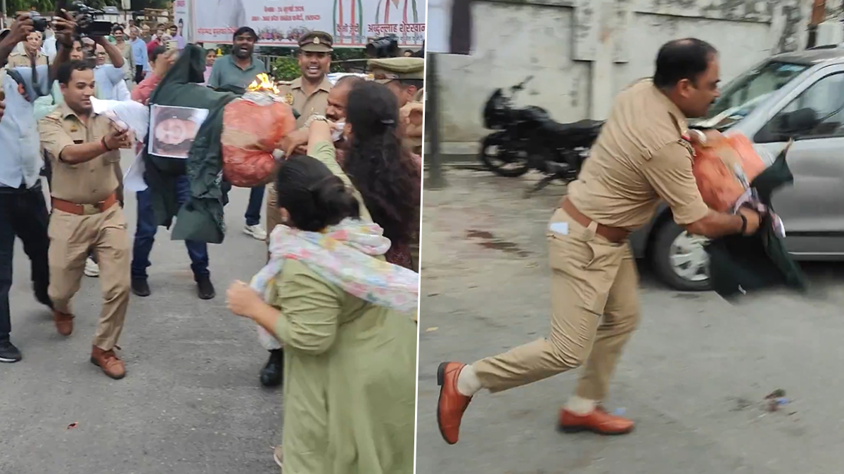 Kangana Ranaut Viral Video: लखनऊमध्ये काँग्रेस कार्यकर्त्यांकडून कंगना रनौत यांचा पुतळा जाळण्याचा प्रयत्न; पोलिस निरीक्षकाने काही भाग हिसकावत ठोकली धूम