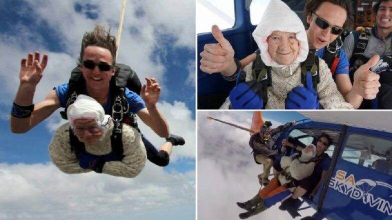 Oldest Skydiver in the World: 102 वर्षांच्या आजींचे स्कायडायव्हिंग (Video) Oldest Skydiver in the World: 102 वर्षांच्या आजींचे स्कायडायव्हिंग (Video)