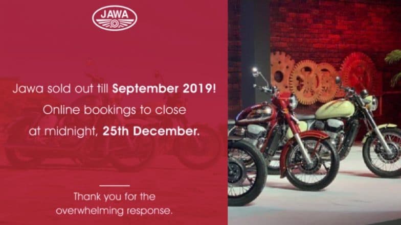 Jawa Motorcycles ला तुफान प्रतिसाद, सप्टेंबर 2019 पर्यंतची बुकिंग फुल्ल झाल्याने आज मध्यरात्रीपासून ऑनलाइन बुकिंग बंद! Jawa Motorcycles ला तुफान प्रतिसाद, सप्टेंबर 2019 पर्यंतची बुकिंग फुल्ल झाल्याने आज मध्यरात्रीपासून ऑनलाइन बुकिंग बंद!
