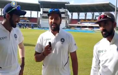 IND vs WI 1st Test: वेस्ट इंडिजविरुद्ध विजयानंतर रोहित शर्मा याने घेतली अजिंक्य रहाणे-जसप्रीत बुमराह यांची मुलाखत, पहा हा व्हिडिओ