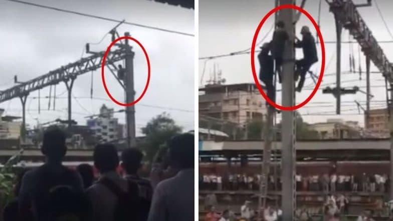 ठाणे येथील रेल्वेच्या खांबावर माथेफिरु चढला, पहा व्हिडिओ ठाणे येथील रेल्वेच्या खांबावर माथेफिरु चढला, पहा व्हिडिओ