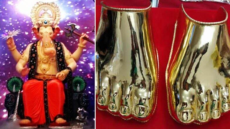 लालबागच्या राजाला एका निनावी भक्ताने अर्पण केली सोन्याचा मुलामा असलेली पावलं लालबागच्या राजाला एका निनावी भक्ताने अर्पण केली सोन्याचा मुलामा असलेली पावलं