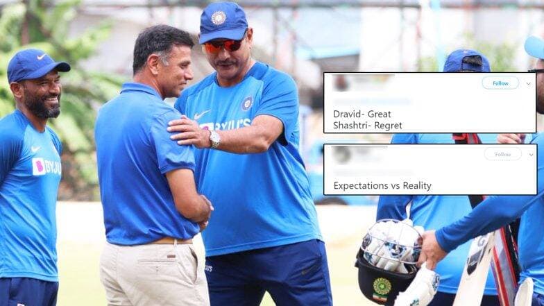 BCCI ने रवि शास्त्री आणि राहुल द्रविड चा फोटो केला शेअर, टीम इंडियाचे मुख्य प्रशिक्षकाला ‘Great’ म्हणत नेटिझन्सने केले ट्रोल BCCI ने रवि शास्त्री आणि राहुल द्रविड चा फोटो केला शेअर, टीम इंडियाचे मुख्य प्रशिक्षकाला ‘Great’ म्हणत नेटिझन्सने केले ट्रोल