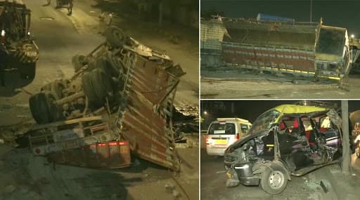 पश्चिम दृतगती महामार्गावर अपघात; भरधाव वेगात येणारा ट्रक पडला उड्डाणपुलावरुन , अपघातात 4 प्रवासी जखमी पश्चिम दृतगती महामार्गावर अपघात; भरधाव वेगात येणारा ट्रक पडला उड्डाणपुलावरुन , अपघातात 4 प्रवासी जखमी