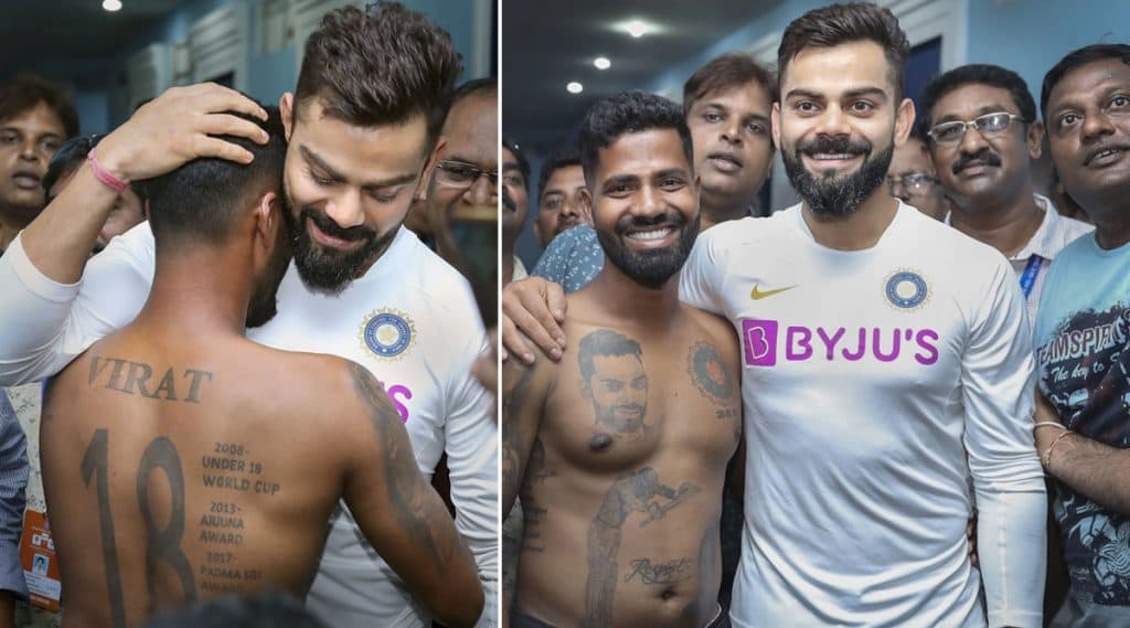 IND vs SA 1st Test 2019: पहिल्या टेस्टआधी विराट कोहली ने घेतली खास चाहत्यांची भेट, अंगावर गोंदवले कोहलीसंबंधीचे 15 टॅटू IND vs SA 1st Test 2019: पहिल्या टेस्टआधी विराट कोहली ने घेतली खास चाहत्यांची भेट, अंगावर गोंदवले कोहलीसंबंधीचे 15 टॅटू