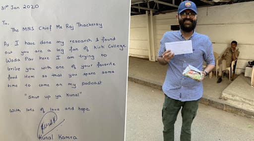 'शट अप कुणाल' या कार्यक्रमात सहभागी होण्यासाठी कॉमेडियन कुणाल कामराने राज ठाकरेंना दिली वडापावची 'लाच' 'शट अप कुणाल' या कार्यक्रमात सहभागी होण्यासाठी कॉमेडियन कुणाल कामराने राज ठाकरेंना दिली वडापावची 'लाच'