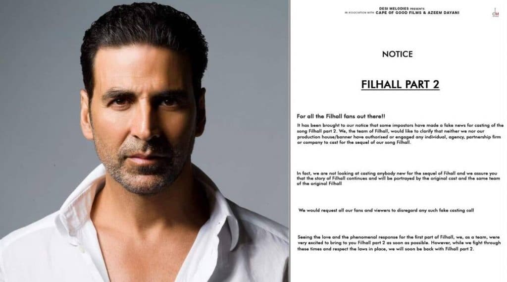 Fake Casting Alert: 'फिलहाल 2' गाण्याच्या कास्टिंगसाठी येणारे कॉल्स फेक; अक्षय कुमार याने ट्विट करत केला खुलासा Fake Casting Alert: 'फिलहाल 2' गाण्याच्या कास्टिंगसाठी येणारे कॉल्स फेक; अक्षय कुमार याने ट्विट करत केला खुलासा