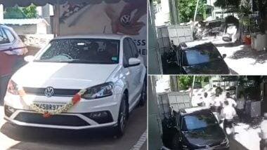 ब्रँन्ड न्यू VW पोलो कारच्या गाडीवरील ताबा सुटल्यानंतर मालकाचा शोरुमच्या गेटवरच झाला अपघात (Watch Viral Video)