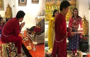 Sachin Tendulkar Celebrates Ganesh Chaturthi: गणपती बाप्पा मोरया! सचिन तेंडुलकरने केली भगवान गणेशाची स्थापना, पत्नी अंजली आणि मुलगी सारा सोबत केली आरती (See Pics & Video)