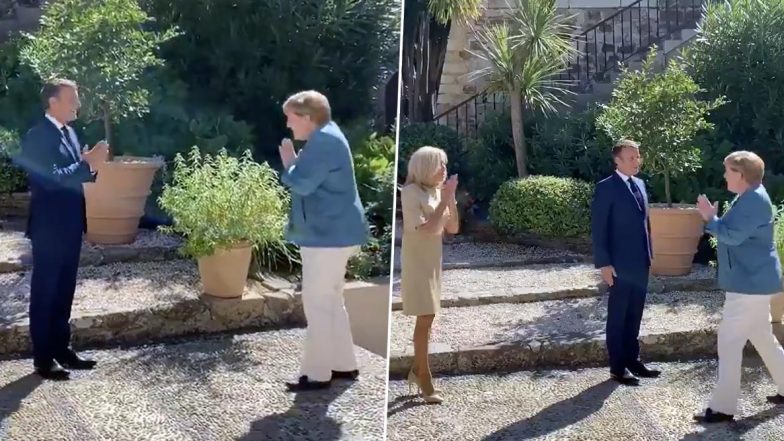 नमस्ते झालं ग्लोबल! President of France, Emmanuel Macron यांनी नमस्कार करत Chancellor of Germany Angela Merkel यांचं केलं स्वागत! (Watch Video)