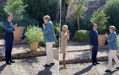 नमस्ते झालं ग्लोबल! President of France, Emmanuel Macron यांनी नमस्कार करत Chancellor of Germany Angela Merkel यांचं केलं स्वागत! (Watch Video)