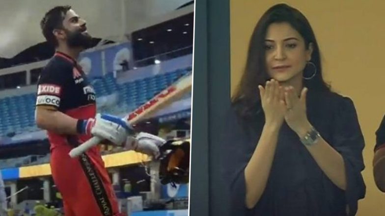 IPL 2020: RCB कर्णधार विराट कोहलीच्या धडाकेबाज 90 धावांच्या डावावर पत्नी अनुष्का शर्माने दिला Flying Kiss, पाहून तुम्हीही म्हणाल How Sweet!