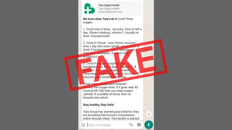 Fact Check: टाटा हेल्थच्या नावावर 'COVID-19 Three Stages' उपचाराचा व्हॉट्सअ‍ॅप मॅसेज पुन्हा समोर; या मॅसेजमागचे सत्य घ्या जाणून