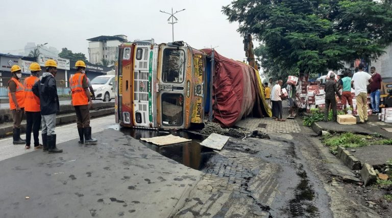 Thane: मानपाडा उड्डाणपुलावर सफरचंदाने भरलेला ट्रक उलटला (See Pics)