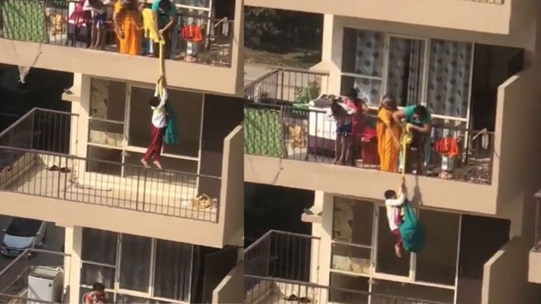 Shocking! आईने मुलाला साडीने बांधून दहाव्या मजल्यावरून खाली सोडले; समोर आले धक्कादायक कारण (Viral Video)