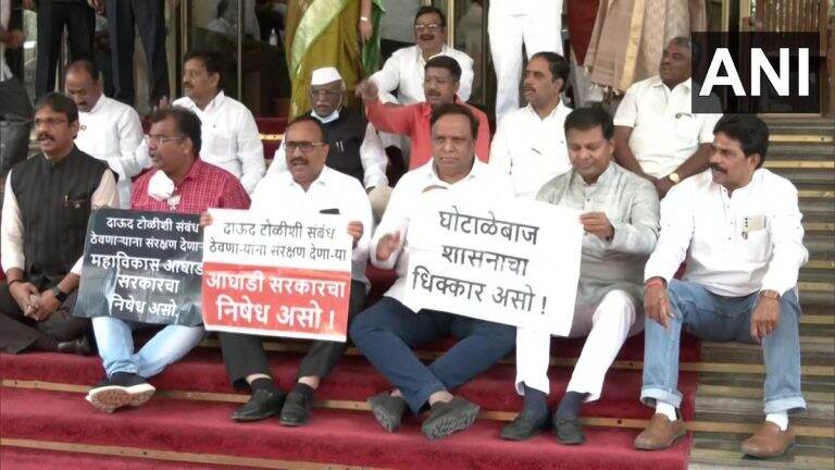 Mumbai: नवाब मलिक यांच्या राजीनामा प्रकरणी भाजपचे विधानसभेबाहेर आंदोलन