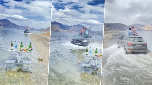 Ladakh मधील पॅंगॉन्ग तलावात पर्यटक कार चालवतांना दिसले, व्हिडिओ व्हायरल, अनेकांनी व्यक्त केला संताप