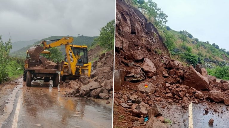 Landslide In Pokhari Ghat Pune: पुण्यात भीमाशंकर मध्ये पोखरी घाटात कोसळली दरड; ट्राफिक 'वन वे' सुरू