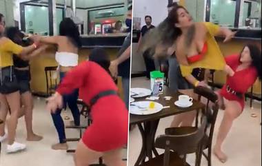 Fight Between Young Women in Cafe: कॅफेमध्ये तरुणींमध्ये जोरदार हाणामारी; Watch Viral Video