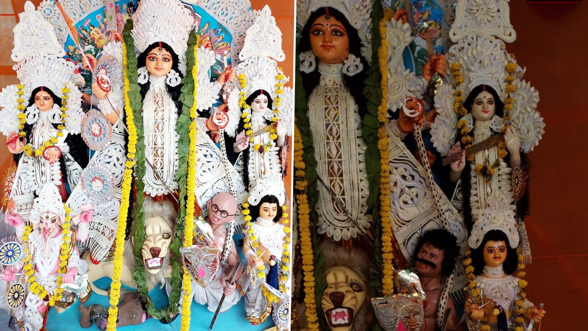 कोलकाता मध्ये Hindu Mahasabha च्या Durga Puja Pandal मध्ये Mahatma Gandhi चं रूप 'महिषासूर' च्या जागी; तक्रारीनंतर वादग्रस्त दिखाव्यात बदल