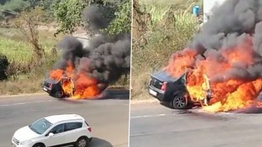 Burning Car Video: देवदर्शसाठी जाताना कारला भीषण आग; पहा बर्निंग कारचा थरारक व्हिडीओ