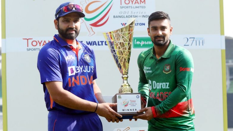 IND vs BAN  सामन्याआधी Rohit Sharma आणि Liton Das यांनी एकदिवसीय मालिका ट्रॉफीचे केले अनावरण, पहा फोटो