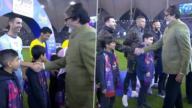 Riyadh All-Stars XI vs PSG यांच्यातील सामन्यापुर्वी Amitabh Bachchan यांनी Lionel Messi आणि Cristiano Ronaldo यांची घेतली भेट, पहा फोटो