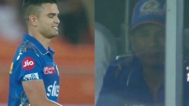 Sachin Tendulkar Reaction On Arjun's First Wicket: अर्जुन तेंडुलकरने शेवटच्या षटकात आयपीएलची पहिली विकेट घेताच सचिन तेंडुलकरला झाला आनंद, पाहा त्याची रिएक्शन (Watch Video)