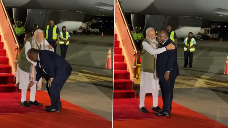 PM Modi Papua New Guinea Visit: पापुआ न्यू गिनीचे पंतप्रधान मारापे यांनी केला पीएम मोदींच्या पायाला स्पर्श; अभिवादन करण्याची पद्धत पाहून मोदींनी मारली मिठी, Watch