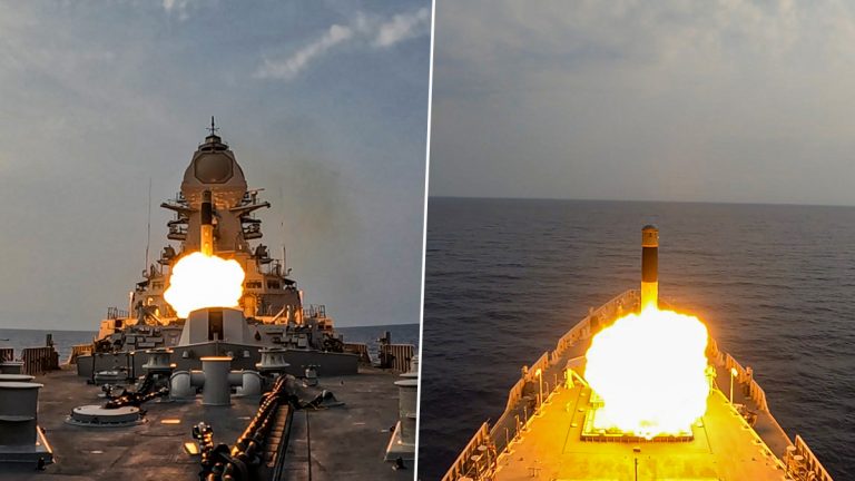 BrahMos Supersonic Missile: INS मुरगाववरून फायर केलेल्या ब्रह्मोस सुपरसॉनिक क्षेपणास्त्राने साधला निशाणाMissile: INS मुरगाववरून फायर केलेल्या ब्रह्मोस सुपरसॉनिक क्षेपणास्त्राने साधला निशाणा