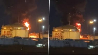 Fuel Depot on Fire Video: रशिया मध्ये Volna परिसरात Crimean Bridge जवळ  इंधनाच्या टाक्यांना आग (Watch Video)