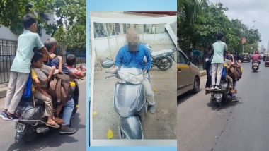 Man Rides Scooter With 7 Children: मुंबईमध्ये सात अल्पवयीन मुलांना घेऊन हेल्मेटशिवाय स्कूटर चालवताना दिसली व्यक्ती; पोलिसांनी दाखल केला गुन्हा (Watch Video)