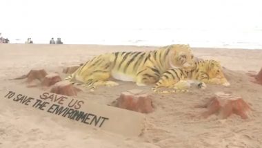 World Tiger Day च्या निमित्ताने वाळूशिल्पकार Sudarsan Pattnaik यांनी साकारलं 15 फूट वाघाचं शिल्प Watch Video