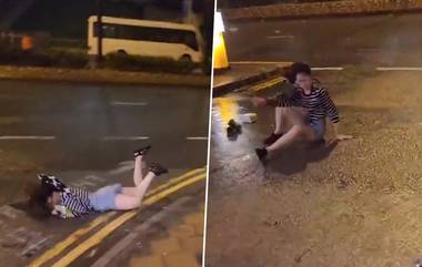 Typhoon Saola in Hong Kong Video: जोरदार वाऱ्यामुळे महिला जमिनीवर पडली, भयावह दृश्य कॅमेरात कैद