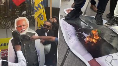 Tiranga Disrespected by Khalistani Supporters in Canada: टोरंटो च्या भारतीय दूतावासा बाहेर खलिस्तान समर्थकांकडून भारताच्या झेंड्याची जाळपोळ, PM Modi यांच्या प्रतिकात्मक पुतळ्यालाही जोडे मारो (Watch Video)