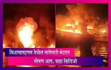Andhra Pradesh: विशाखापट्टणम मासेमारी बंदरात एका बोटीला आग लागली आणि नंतर मध्यरात्री सुमारे 35 फायबर-यंत्रीकृत नौकांमध्ये पसरली, पाहा व्हिडीओ