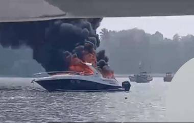 Belvedere Catches Fire at Mandwa Anchorage: मांडवा येथे  केबिन क्रूझर यॉट बेलवेडेरला आग (Watch Video)