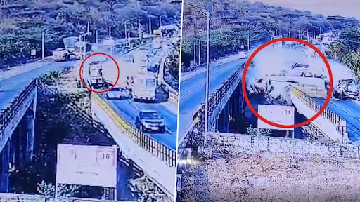 Tamil Nadu Accident Video: धर्मपुरी येथील महामार्गावर 3 ट्रक आणि कारची धडक, अघातात ट्रक खाली कोसळला (Watch Video)
