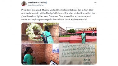 President Draupadi Murmu in Port Blair: राष्ट्रपती द्रौपदी मुर्मू पोर्ट ब्लेअरला पोहोचल्या, ऐतिहासिक सेल्युलर जेलला दिली भेट (Watch Tweet)