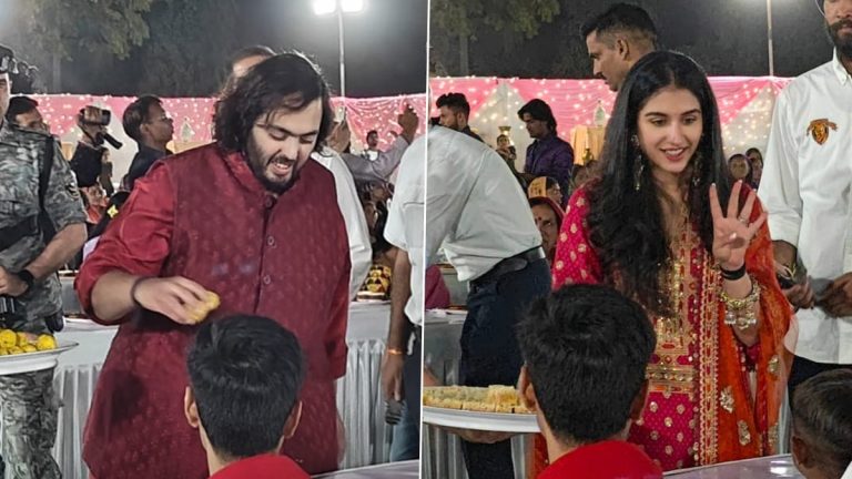 Anant Ambani-Radhika Merchant Pre-Wedding Functions: अनंत अंबानी - राधिका मर्चंट यांच्या प्री-वेडिंग सोहळ्याची सुरुवात 'अन्नसेवा' द्वारा; जोगवाड गावात गुजराती जेवण वाढताना दिसलं जोडपं (View Pics)