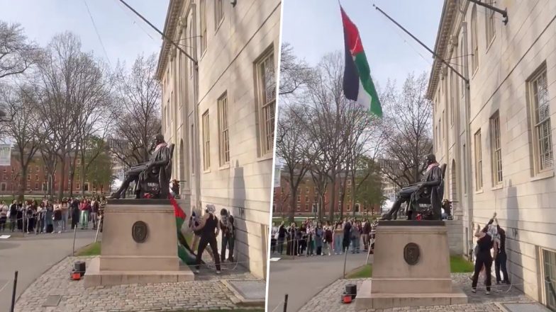 Harvard University protester: पॅलेस्टाईन समर्थकांनी हार्वर्ड विद्यापीठात अमेरिकन ध्वजाच्या जागी पॅलेस्टिनी ध्वज उभारला, आत्तापर्यंत 900 जणांना अटक