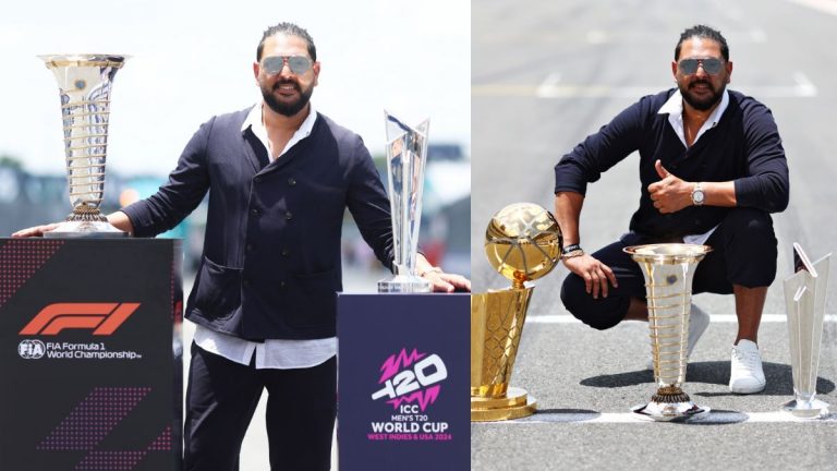 Yuvraj Singh With T20 WC 2024 Trophy: ICC T20 विश्वचषकाचा ब्रँड ॲम्बेसेडर युवराज सिंगने मियामी GP येथे ट्रॉफीसोबत दिल्या पोझ